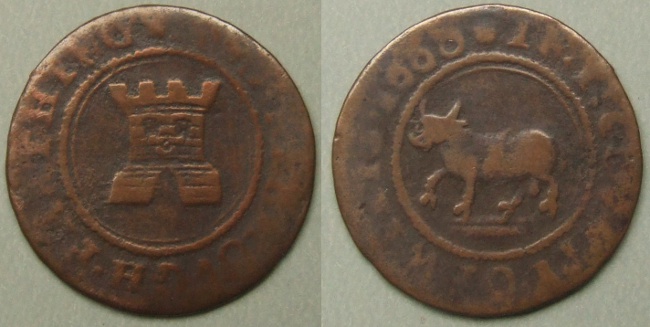 Marlborough, town issue 1668 farthing four turrets N5505